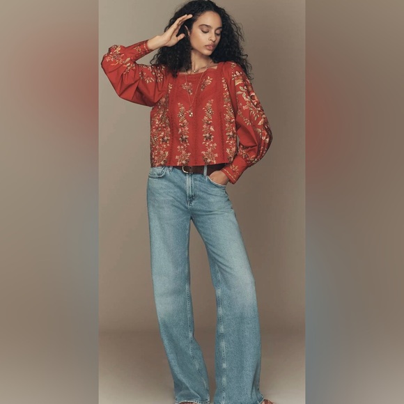 Z13. Farm Rio x Anthropologie Square-Neck Blouse Floral Red Women - Picture 3 of 3